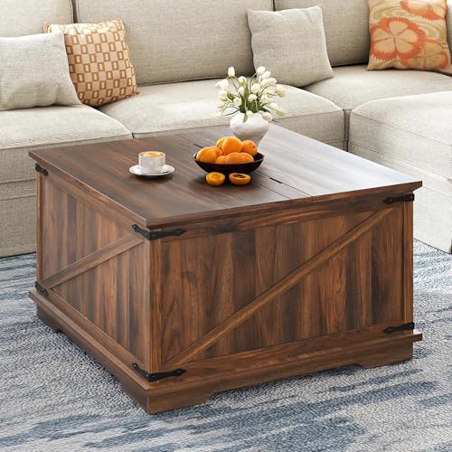 DWVO Lift Top Coffee Table with Storage, Farmhouse Coffee Tables for Living Room, Square Table with Lifting Top Wood Center Table with Large Hidden Storage, Reclaimed Barnwood