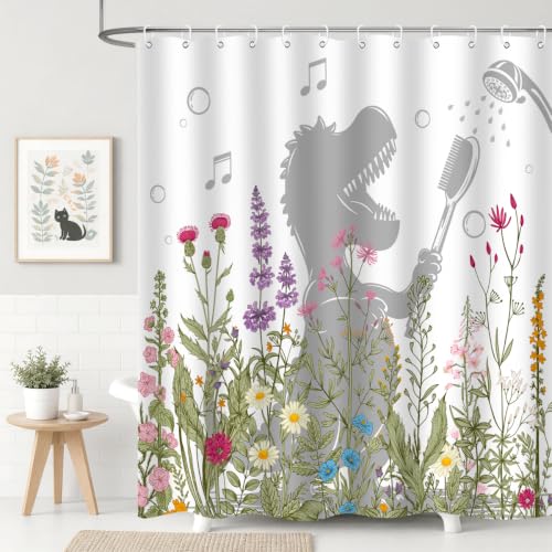 Image of Dinosaur Shower Curtain Funny Dino Sing Bathe Behind Wildflowers Trex Silhouette Shadow for Kids Bathroom Home Decor Waterproof Polyester Fabric 72Lx60W Inch with Hooks