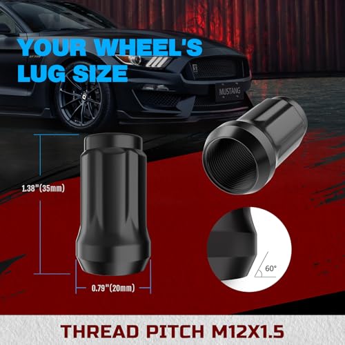 Image of JiiinMiiin M12x1.5 Lug Nuts Black with 6 Spline Tuner, 12x1.5 Locking Lug Nut 1.38 inch Length with 1 Socket Key 60 Degree Conical /Cone Bulge Seat Closed End. 20PACK