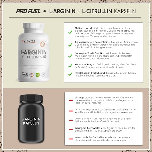 L-Arginin + L-Citrullin-Malat Kapseln 360x - optimal hochdosiert mit 6000 mg pro Tag aus L-Arginin (2400 mg...