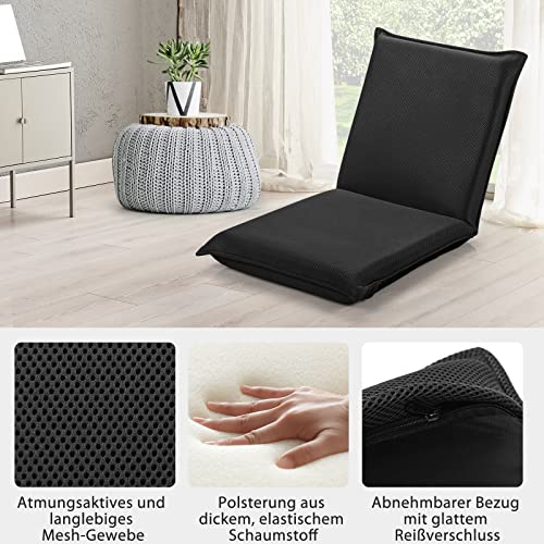 RELAX4LIFE Bodenstuhl klappbar, Bodensessel mit Liegefunktion, Lehnstuhl mit 6 Einstellbarer Rückenlehne, Bodensitz zum Fernsehen Lesen Spielen, Meditationsstuhl Lazy Sofa gepolstert (schwarz)