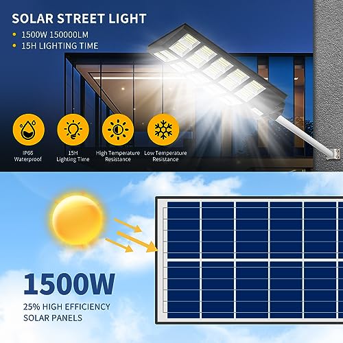 Aiptertet Solar Street Light, 1500W LED, Floodlight, Outdoor, IP66 Waterproof, Motion Sensor, 150000LM, for Yard, Parking Lot, Residential Areas