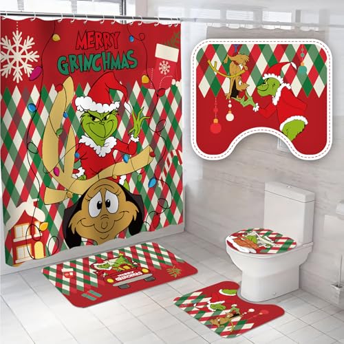 Jyumini Christmas Bathroom Sets Shower Curtain - 4Pcs with Non Slip Rugs Toilet Lid Cover and Non Slip U Shape Bath Mat Christmas Bathroom Decor 72 x 72 with 12 Hooks Holiday Home Decor