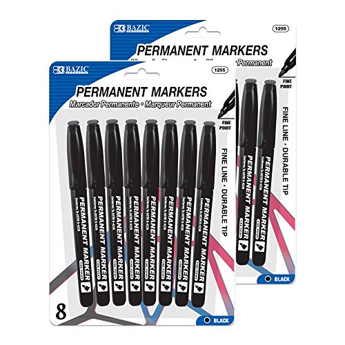 Bazic Permanent Marker Fine Tip Black Color Markers, Coloring Doodling On Plastic Wood Metal Glass Stone, For School Office Art (8/Pack), 2-Packs #TOP19