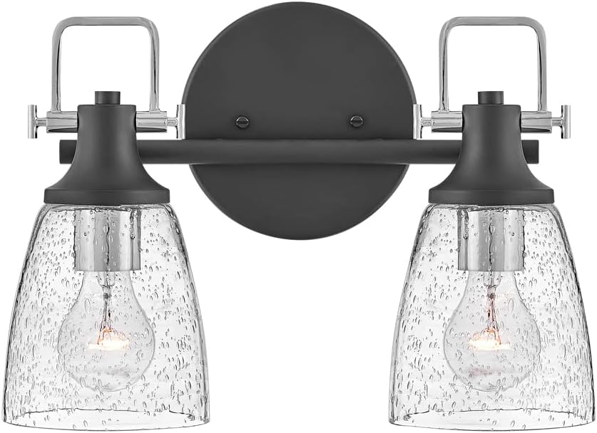Hinkley Easton Two Light Bath Vanity Fixture, Modern Industrial, Clear Seedy Glass Shade, Mounts Up or Down, Black and Chrome