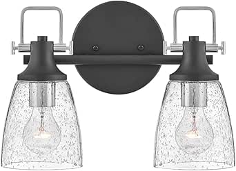Hinkley Easton Two Light Bath Vanity Fixture, Modern Industrial, Clear Seedy Glass Shade, Mounts Up or Down, Black and Chrome