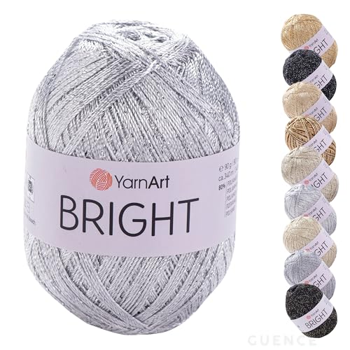 YarnArt Bright Metallic Glitter Yarn 80% Polyamide 20% Metallic Polyester 90g 340m Soft Sparkle Fiber for Crochet Lace Summer Tops & Accessories 4 mm Needle & Hook (128 Silver)