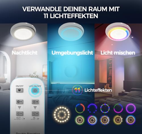 SBONNI Abluftventilator 100mm - 11 Lichteffekte, 2 Richtungen Ventilaton, 6 Geschwindigkeiten, Leiser Badlüfter mit Fernbedienung, Leistungsstarker Lüfter Badezimmer für Bad Küche WC Garage Kelle
