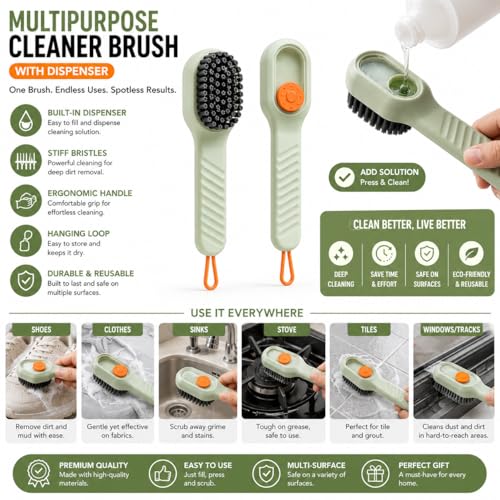 Image of Multifunctional Liquid Shoe Brush with Soap Dispenser - Pack of 2 | Press Type Cleaning Box Long Handle Washer for Sneakers, Sports Shoes, Canvas, Leather & Household