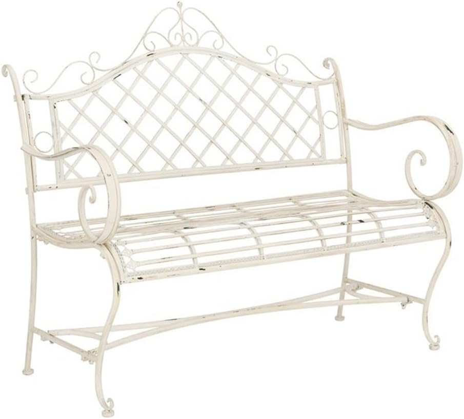 Pemberly Row 45.75" Iron Metal Outdoor Garden Bench, Antique White Finish, Powder-Coated Weather-Resistant Construction, French Ornamental Design, Versatile Patio, Porch, or Garden Seating
