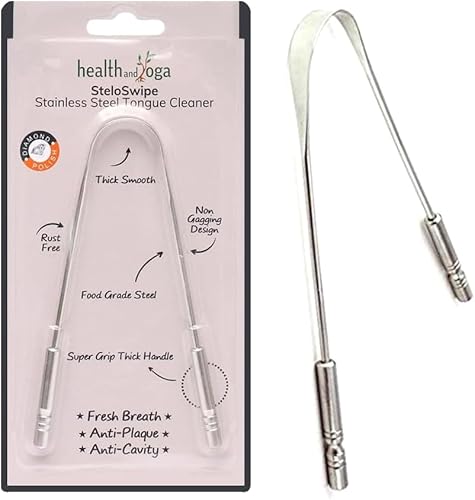 Raspador limpiador de lengua HealthAndYoga(TM), de acero inoxidable de grado quirúrgico, inhibidores de bacterias, agarre no sintético, esterilizable disponible en Yaxa Colombia