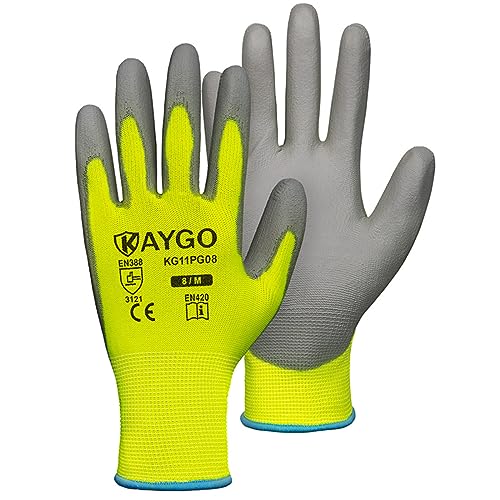 Image of KAYGO Safety Work Gloves for Men Women, PU Coated Palm & Fingers, KG11P | Smooth Grip, Breathable & Lightweight, 13-Gauge Seamless Knit, for Light Warehouse, Manufacturing, Gardening