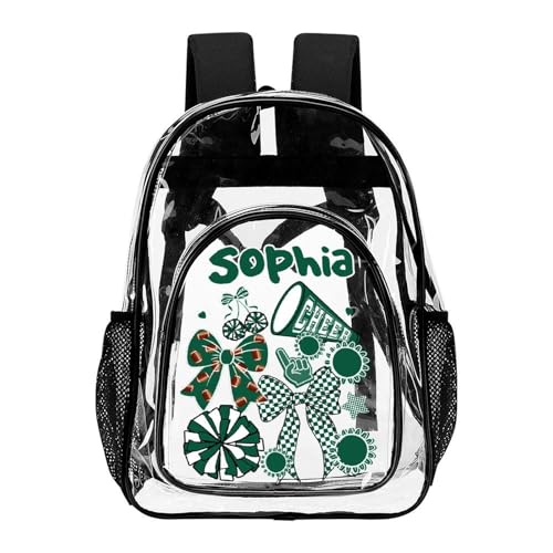 Personalized Clear Backpack PVC See Through Transparent Backpack with Name Reinforced Strap & Large Capacity Back to School Gifts(Green Football Cheerleading)