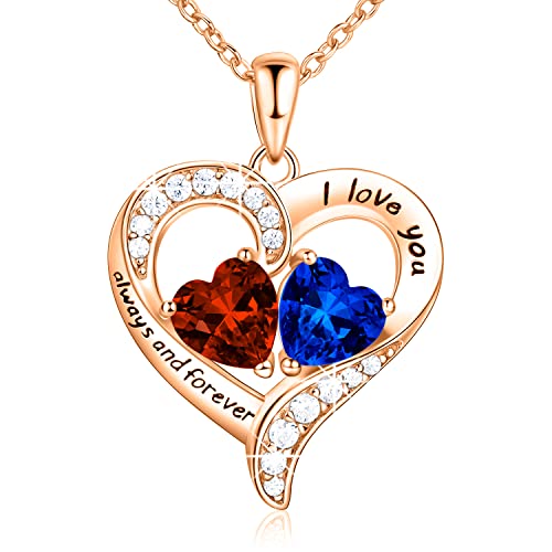 18K Rose Gold Heart Necklace, Valentine's Day Gifts, Jewelry for Women with 2 Birthstones, Customized Gifts for Mom Wife, I Love You Always and Forever, Gold, Cubic Zirconia