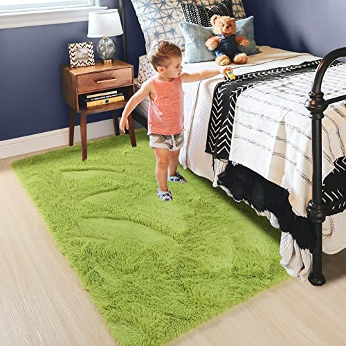 Green Soft Area Rug For Bedroom,3X5,Fluffy Rugs,Shag Rugs For Living Room,Furry Rugs For Boys Kids Room,Shaggy Rug For Nursery Dorm Room,Non-Slip Rug,Green Carpet,Home Decor,Bedside Rug #TOP4