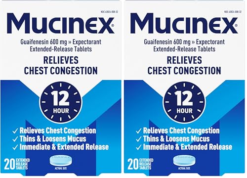 Mucinex 12 Hour 600 mg Guaifenesin Extended-Release Tablets for Excess Mucus Relief, Expectorant Aids Excess Mucus Removal, Chest Congestion Relief, 20 Bi-Layer Tablets (Pack of 2) - image 1