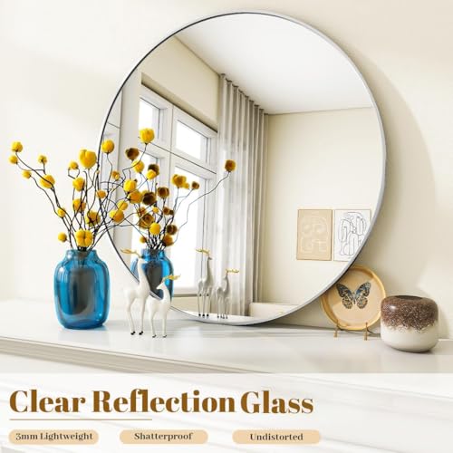 Image of VooBang Silver Round Bathroom Mirror, 42 inch Large Circle Wall Mounted Hanging Mirror with Simple Modern Circular Metal Frame for Hallway, Entryway, Living Room, Silver Frame