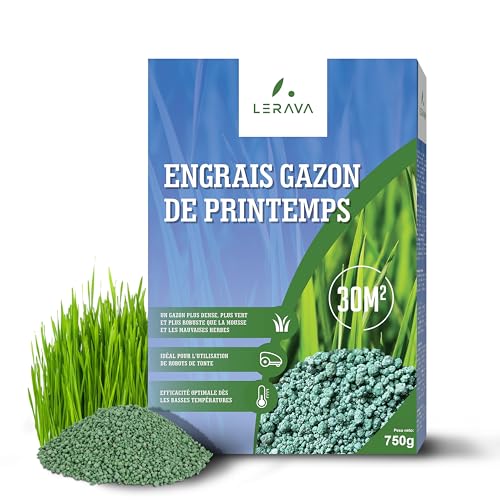 LERAVA - LERAVA Engrais gazon printemps (30m²) - Engrais pelouse libération d’azote 3 mois - Fertilisant gazon avec Bacillus subtilis - Stimule la croissance et renforce la résistance des graminées - 750g