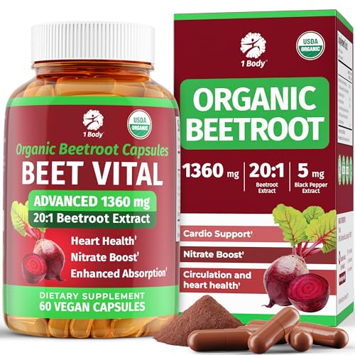 1 Body Beet Vital, Organic Beetroot Capsules for Circulation, Energy, & Stamina, Nitric Oxide Booster Beets Supplements with 1360mg Beetroot Extract, Vegan, Non-GMO - Beet Root Supplements, 60 Count