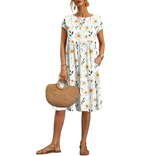 domirica Midi Dresses for Women 2024 White Floral Short Sleeve Crew Neck Summer Vacation Beach Sundress Cute Cotton Casual Hawaiian Boho Fashion Short Dress with Pockets,L
