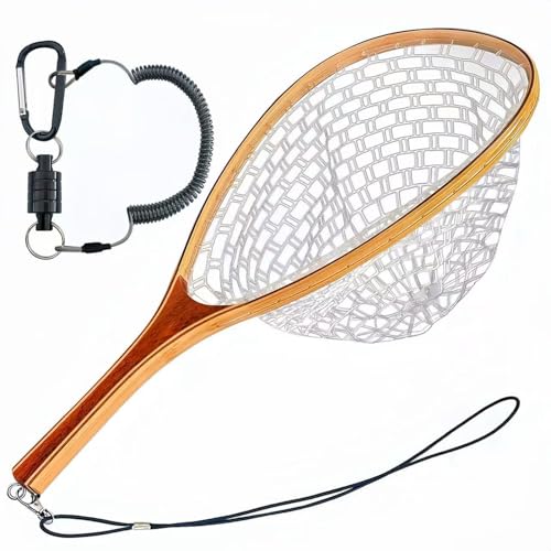 SEASPRO Fly Fishing Landing Net Trout Soft 23.62in Rubber Catch and Release Fish Net with Wooden Handle Frame Magnetic Fly Fish Net