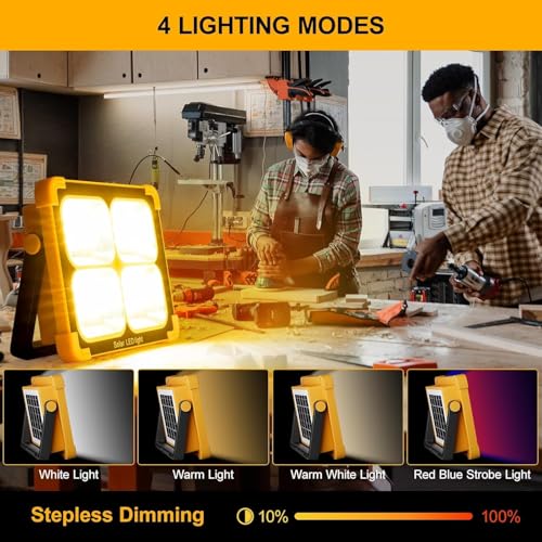 Image of 100W Solar LED Work Light, Rechargeable Flood Light with 12000 mAh Battery, USB Power Bank, IP66 Waterproof for Camping, Garage & Emergency