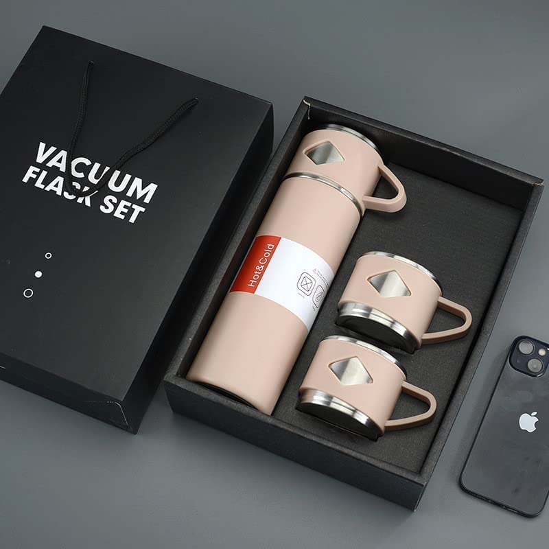Image of Stainless Steel Vacuum Flask Set with 2 Cups, 500ml Vacuum Insulated Tea & Coffee Bottle, Leakproof Hot & Cold Water Flask, Travel Mug Gift Set for Office, Travel & Diwali (Multicolor)