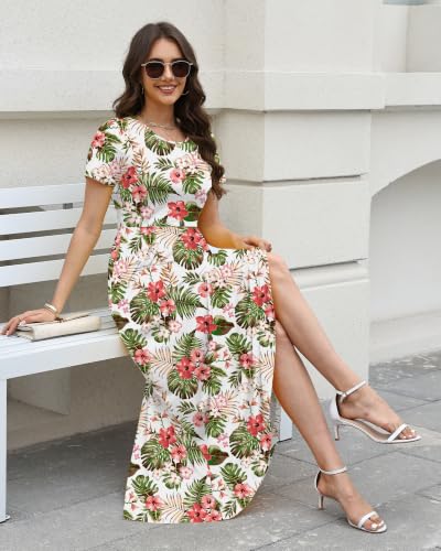 Image of COSSEN Women's Crew Neck Short Sleeve Maxi Dress with Pockets Casual Loose Swing for Wedding Guest Beach Vacation