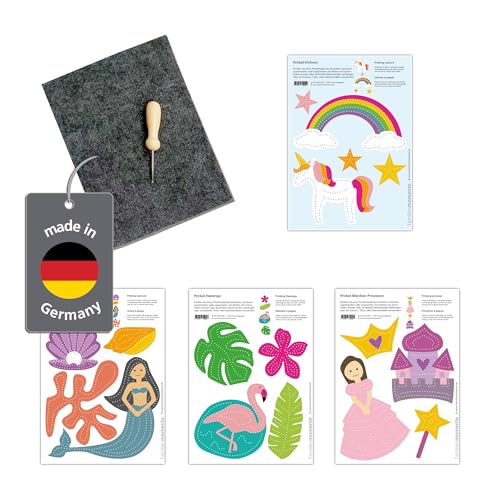 Familienmomente kit de poinçonnage/piquage sur le thème des rêves (princesse, licorne, sirène, flamant) DIN A5, 100% papier recyclé, avec un feutre et une aiguille de poinçonnage/piquage