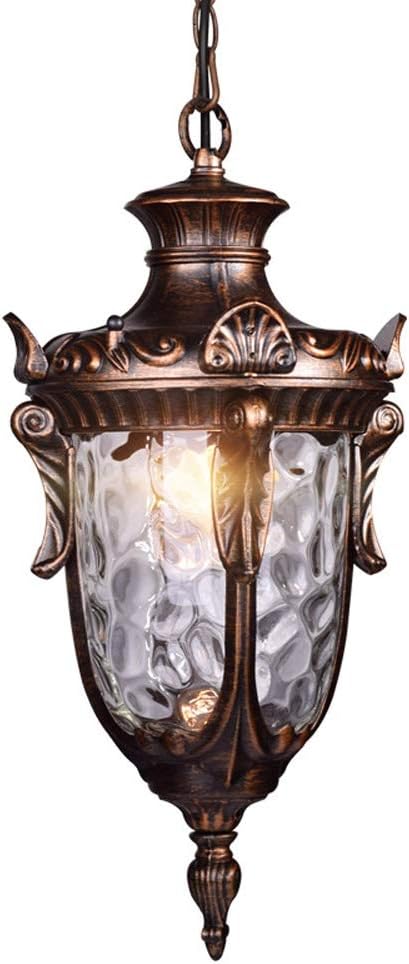 Ganeep European Waterproof Pendant Light Hanging Lamp - Outdoor Hanging Lantern, Chain Adjustable, Exterior Pendant Porch Light Aluminum Black/Brown Water Rippled Glass