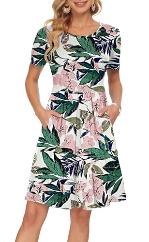Image of AUSELILY Women's Short Sleeve Pleated Swing Summer Dress with Pockets | Knee-length short sleeve dress, empire waist & pockets, ideal for casual daily wear and vacation