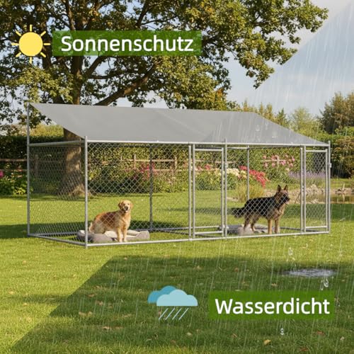 Hundezwinger mit Dach und Türen Grau 4x2x2 m, UV- & Wasserdicht Hundehütte Outdoor Hundehaus für große Hunde Garten, Verzinkter Stahl