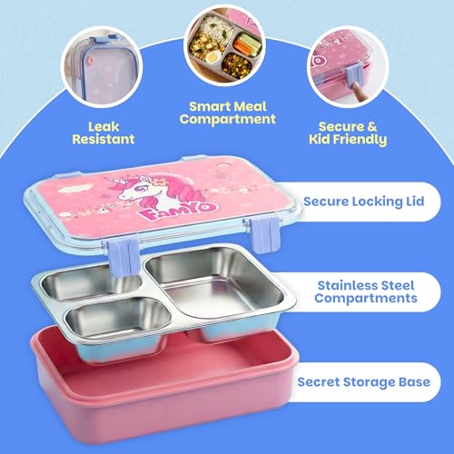 Image of Famyo Kids Bento Lunch Box Combo of 2 Leakproof BPA-Free 3 Compartments | Rexy Dino & June Unicorn, microwave-safe lunch boxes for school, durable food containers for boys & girls