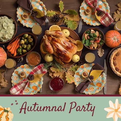 Image of Confettiville Thanksgiving Paper Plates, 50-Count Disposable Thanksgiving Dinner Plates, Scalloped, Party Supplies, Pumpkins, Mint Green
