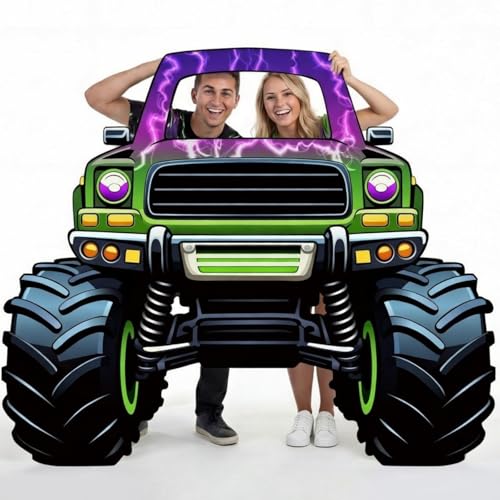 Capoda Monster Truck Cardboard Photo Prop 60x48 Inch Large Racing Car Photo Cutout Stand Up Backdrop with Face Hole Flame Off-Road Vehicle Prop for Birthday Party Decorations (Purple Truck)