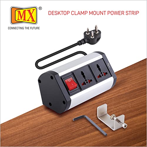 Image of MX Premium Power Console 16 Amp 6 Universal Sockets with 2 USB Charging Port Extension Board - with Removable Desk Clamp Power Strip Master Switch (Desk Clamp Power Strip-6 /13 AMP- 2 Outlets + 2 USB)