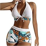 Bikini Set for Women Two Piece Swimsuits Sexy Deep V Halter String Floral Print Bathing Suit with High Waisted Shorts