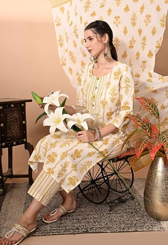 Image of Amazon Brand - Tavasya Women Cotton Anarkali Kurta Pant Dupatta Set | Printed Ethnic Suit Set | Flared Anarkali Kurta with Pant & Dupatta | Festive & Casual Wear