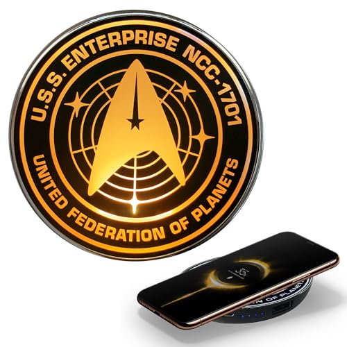 Star Trek Strange New Worlds Illuminating Wireless Charger with Built-in Backup Battery Pack for Wired and Wireless Charging. Portable Phone Charger with Orange Enterprise Emblem Light-Up Logo