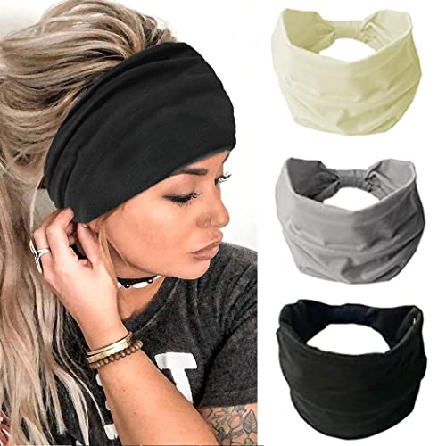 Zoestar Boho Wide Headbands Black Yoga Running Head Wraps Foulards Vintage élégants Bandes de cheveux turban élastiques pour femmes et filles (Lot de 3) (Ensemble 1)