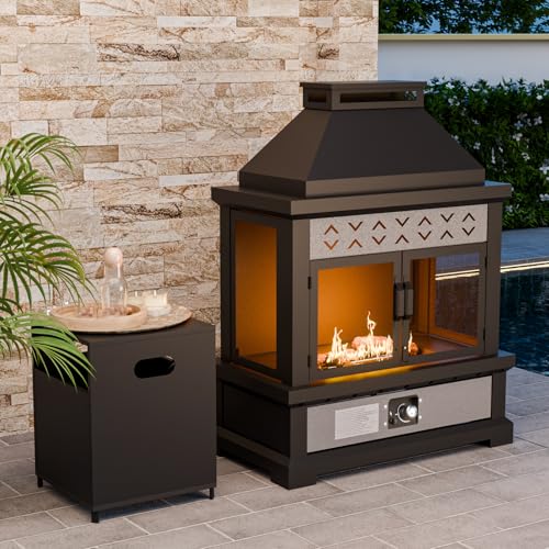 INTER HUT 35’’ Smokeless Outdoor Propane Fireplace with Tank Storage
