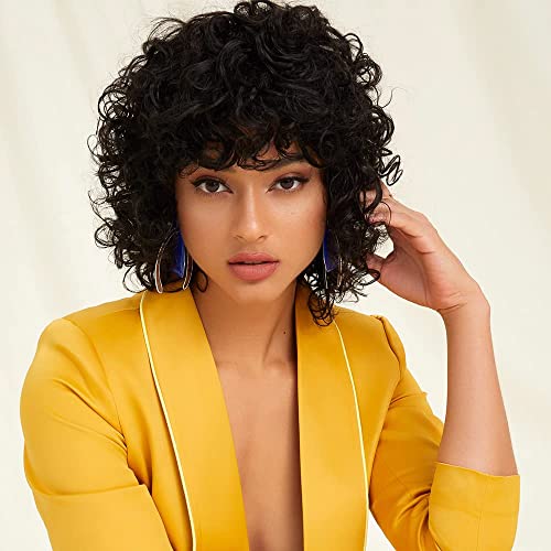 Joedir Perücken Kurze Lockige Perücken für Frauen Schwarze Farbe Lockige Echthaarperücke mit Pony Keine Lace Front Perücken (Naturschwarz) Cover
