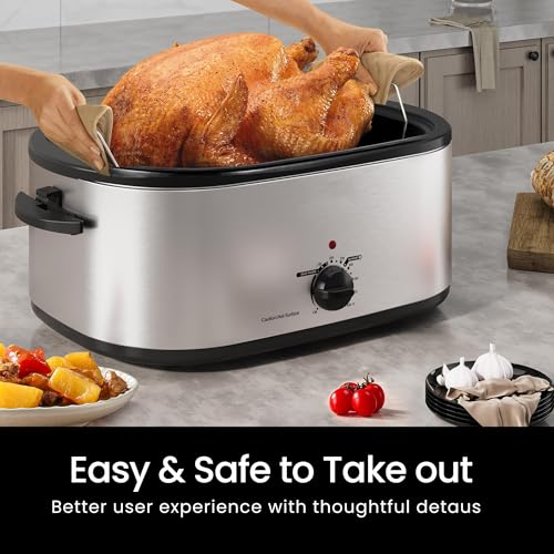 Image of Roaster Oven, 20Qt Turkey Roaster Oven with Self-Basting Lid, 1450W Electric Roaster Pan with Cool-Touch Handles, Stainless Steel with Removable Pan and Rack, Silver