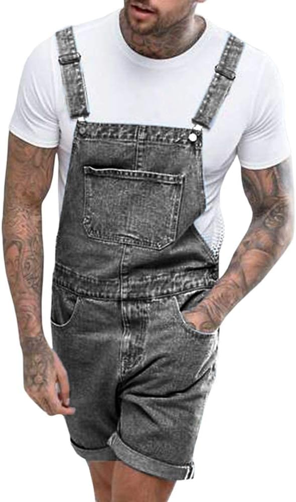 RuncatiMens Denim Shorts Bib Overall Jean Romper Casual Loose Fit Walkshort Button Pockets Summer Jumpersuit