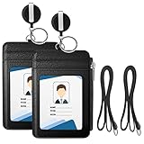 MoKo Ausweishülle, 2 Pack PU Leder Kartenhalter Ausweishalter mit Reißverschluss, Geldbeutel mit Kartenfächer Ausziehbar Ansteckerclip Schlüsselring für Büroausweis Schulausweis Führerschein, Schwarz