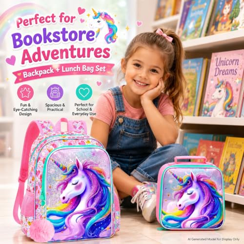 Image of WZLVO 3PCS Kids Backpack for Girls, Unicorn Dinosaur Animal Prechool Elementary Kindergarten School Bookbag with Lunch Box