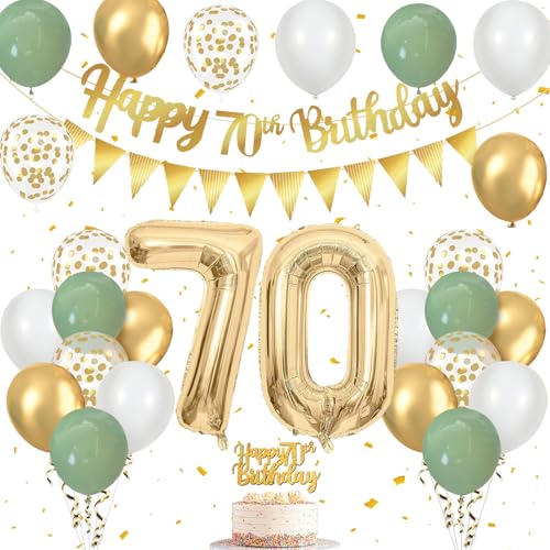 Set Anniversaire 70 Ans, Ballons Vert Or et Blanc, Banderole Joyeux Anniversaire, Topper Happy Birthday, pour Deco 70 Ans Femme Homme