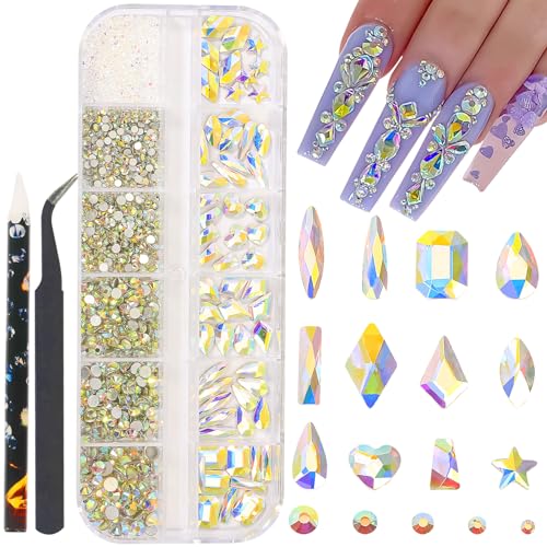 HNUIX Crystal AB Nail Rhinestones Kit Flatback AB Crystal Glass Gems Stones 1450Pcs Nail Art Gems Diamonds Jewels Multi Shapes Sizes Nail Charms Tweezer & Wax Pen for Nails DIY Faces Eyes Makeup