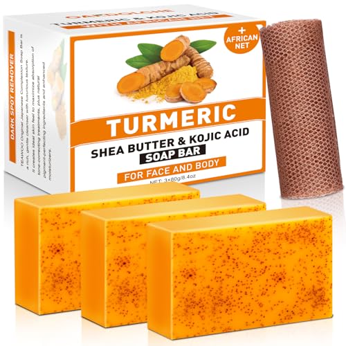 Image of 3P Turmeric Kojic Acid Soap Bars with African Exfoliating Net Sponge, Infused with Retinol, Vitamin E & Shea Butter - For Face & Body, SLS Free, Suitable for Oily & Dry Skin