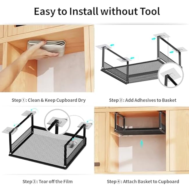 iSPECLE Under Shelf Basket 4 Pack, 15 and 30 Black Strong Adhesive